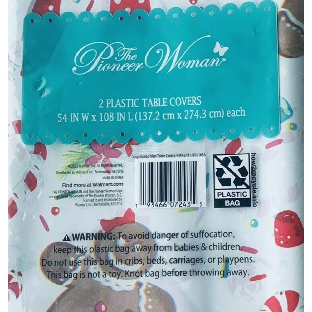 2 The Pioneer Woman Gingerbread Man Plastic Table Covers 54x108 Red Polka Teal - Picture 6 of 14